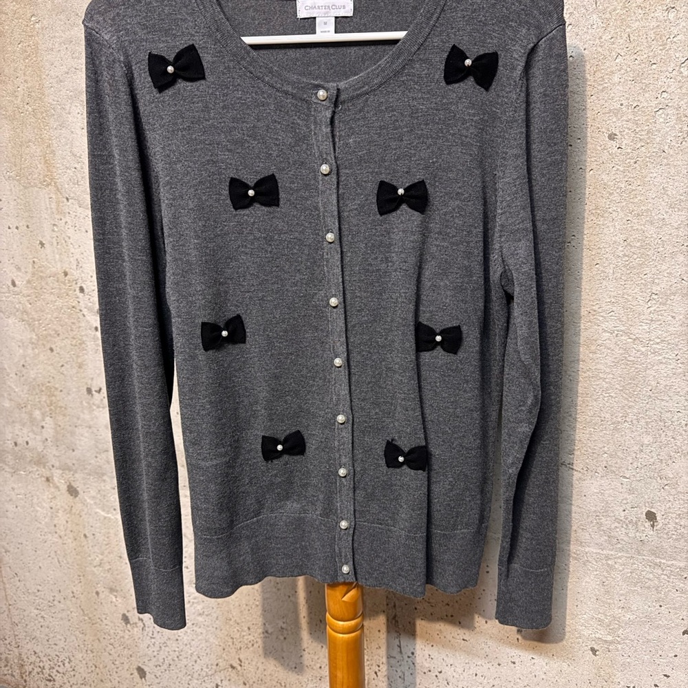 Charter Club Gray Cardigan Sweater with Black Bow Accents
